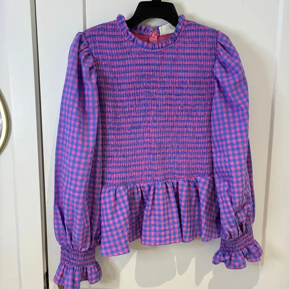 Tuckernuck Lavender and Pink Gingham Smocked Peplum Blouse